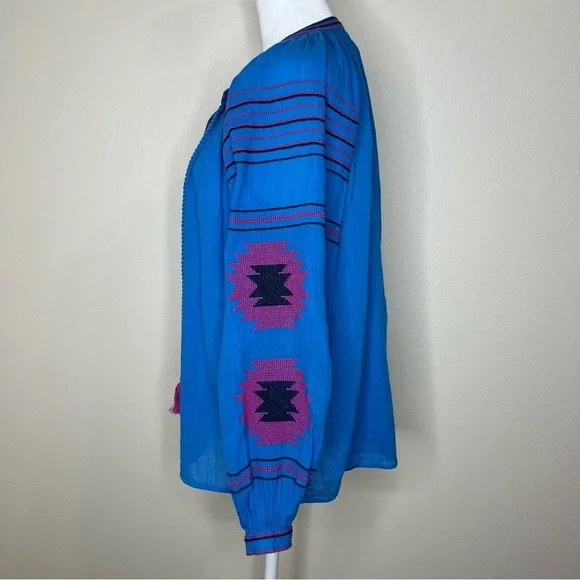Anthro Maeve Blue & Pink Runaway Boho Southwestern Embroidered Peasant Top XS - Picture 9 of 16